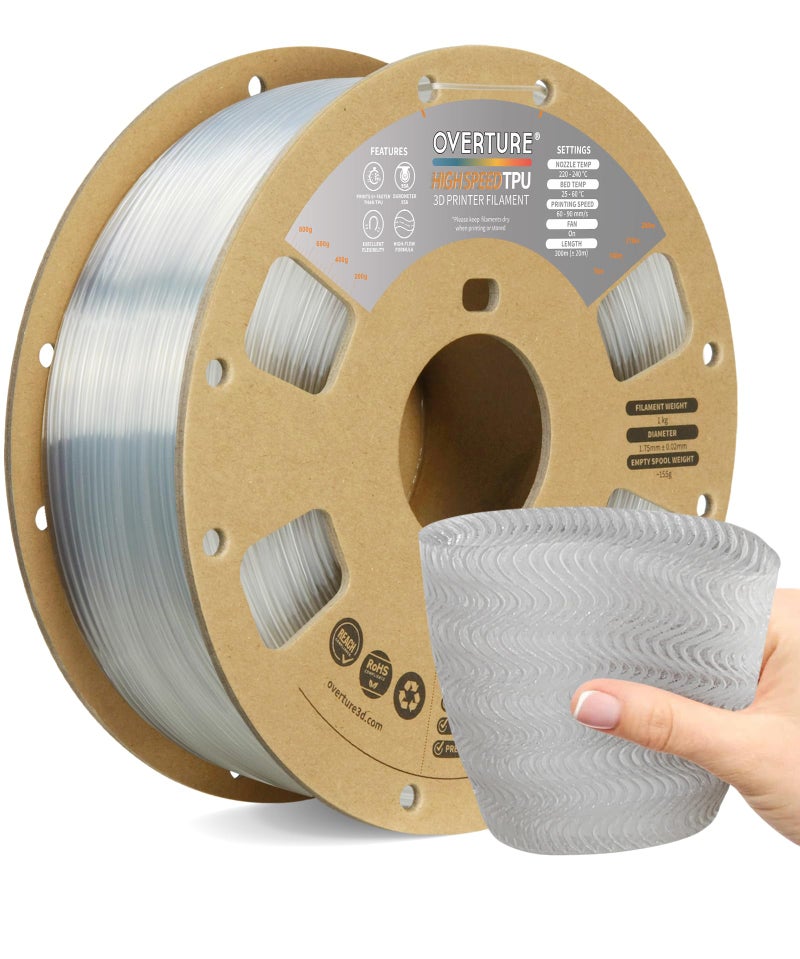 OVERTURE TPU High Speed Filament 1.75mm Flexible Roll, 95A Soft 3D Printer Filament, 1kg Spool (2.2 lbs), Fit Most FDM Printer (HS TPU Transparent) - Image 1